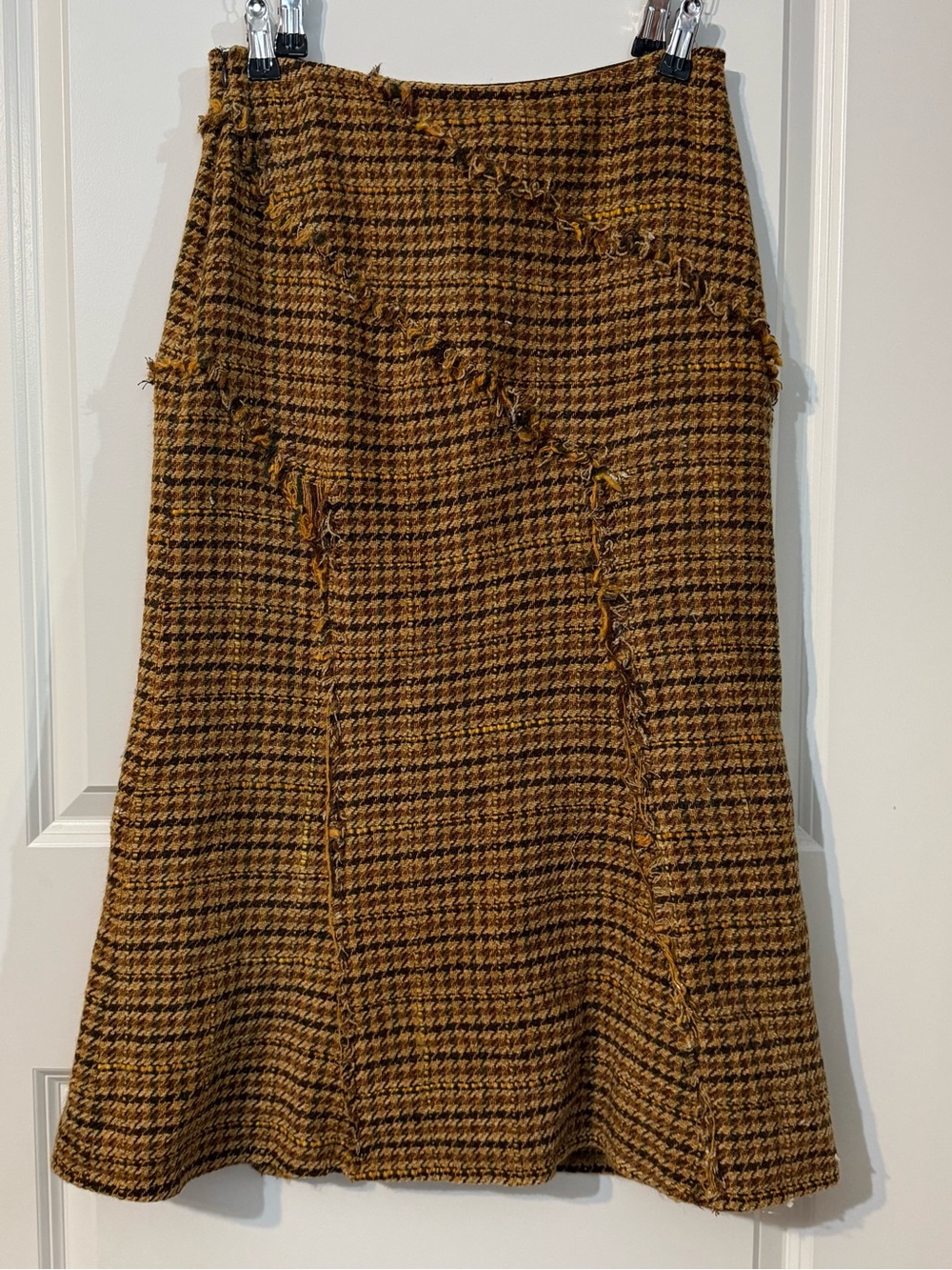 Elliott Lauren Houndstooth Tweed A-Line Skirt Brown Wool Blend Fringe Detail - Picture 3 of 7